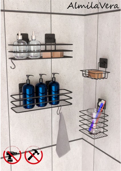Siyah Paslanmaz Yapışkanlı Metal Banyo Rafı Düzenleyici 4'lü Set Kancalı Duş Rafı Sabunluk Rafı