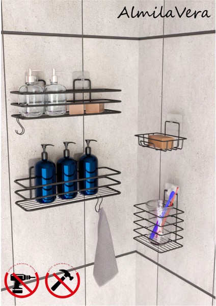 Siyah Paslanmaz Yapışkanlı Metal Banyo Rafı Düzenleyici 4'lü Set Kancalı Duş Rafı Sabunluk Rafı