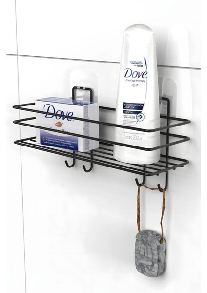 Yapışkanlı 4 Kancalı Banyo Rafı Mat Siyah Banyo Şampuanlık Duşakabin Duş Askısı