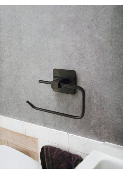 Siyah Yapışkanlı Tuvalet Kağıtlık Halka Havluluk Askısı ve Fön Makinesi Askısı Seti Banyo Seti