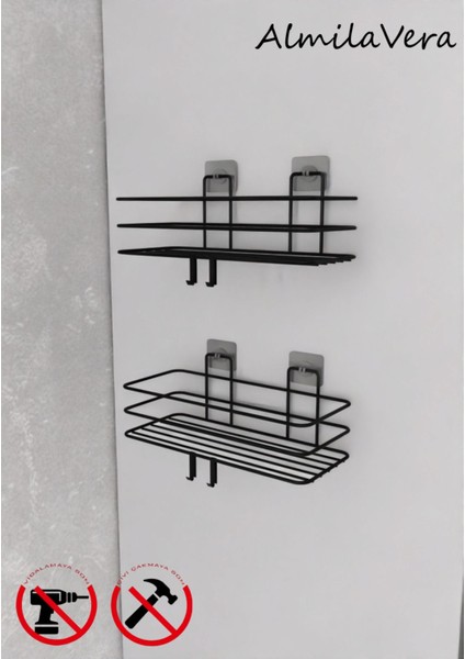 Siyah Güçlü Yapışkanlı Kancalı Banyo Rafı Banyo Mutfak Düzenliyi Raf 2 Adet