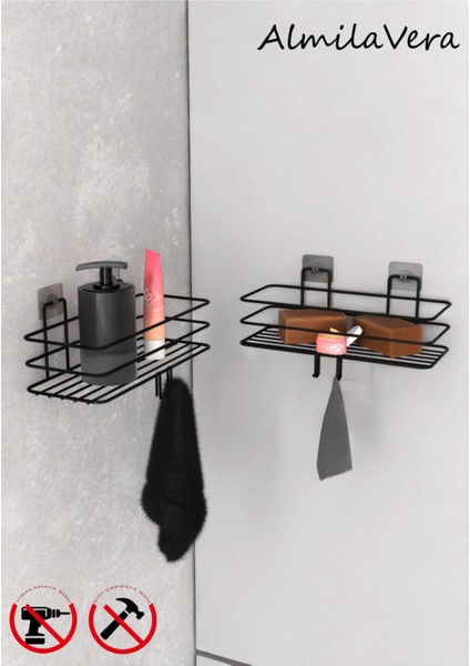 Siyah Güçlü Yapışkanlı Kancalı Banyo Rafı Banyo Mutfak Düzenliyi Raf 2 Adet