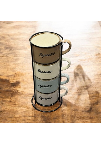 Standlı 4'lü Espresso Yazılı Renkli Kupa Seti