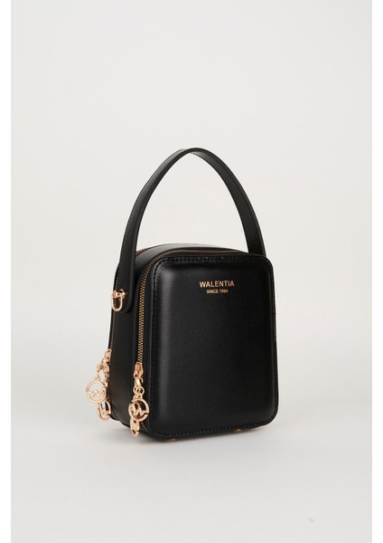 Kadın Siyah 3 Bölmeli Astarlı Suni Deri Ayarlanabilir Askılı Fermuar Kapama El ve Omuz Çantası