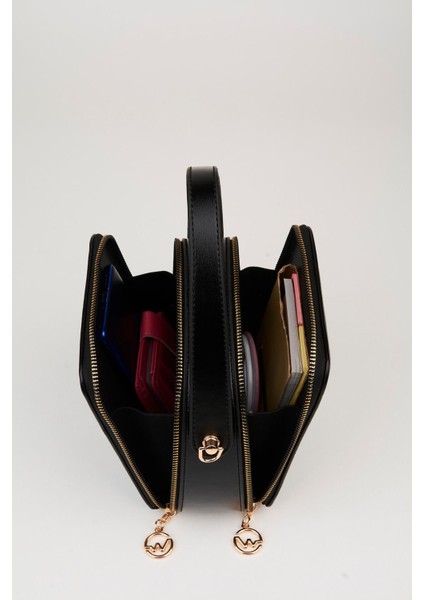 Kadın Siyah 3 Bölmeli Astarlı Suni Deri Ayarlanabilir Askılı Fermuar Kapama El ve Omuz Çantası modelleri