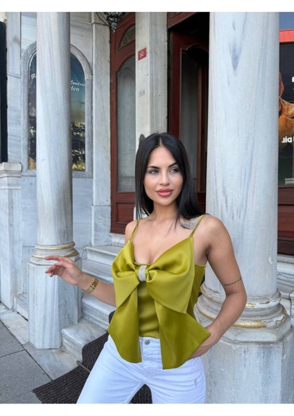 Taş Detaylı Fiyonklu Kadın Saten Crop Büstiyer indirimleri