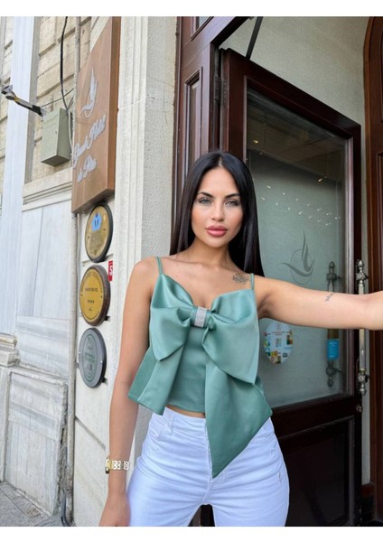 Taş Detaylı Fiyonklu Kadın Saten Crop Büstiyer