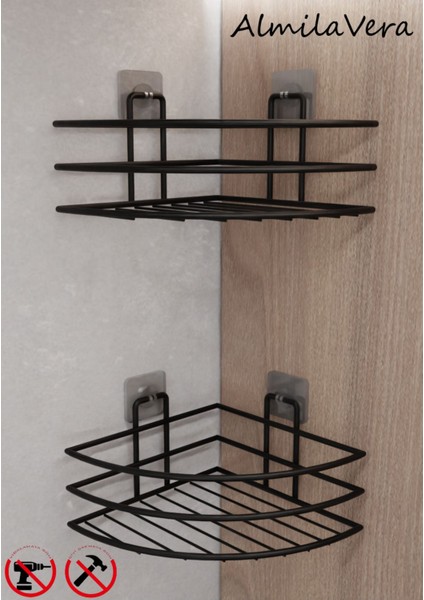 Siyah Güçlü Yapışkanlı Tekli Banyo Köşe Rafı 2 Adet