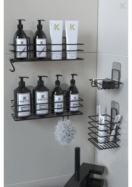 Paslanmaz Yapışkanlı Siyah Metal Banyo Rafı Düzenleyici 4'lü Set Kancalı Duş Rafı Sabunluk Rafı fiyatları