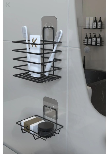 Paslanmaz Yapışkanlı Siyah Metal Banyo Rafı Düzenleyici 4'lü Set Kancalı Duş Rafı Sabunluk Rafı modelleri