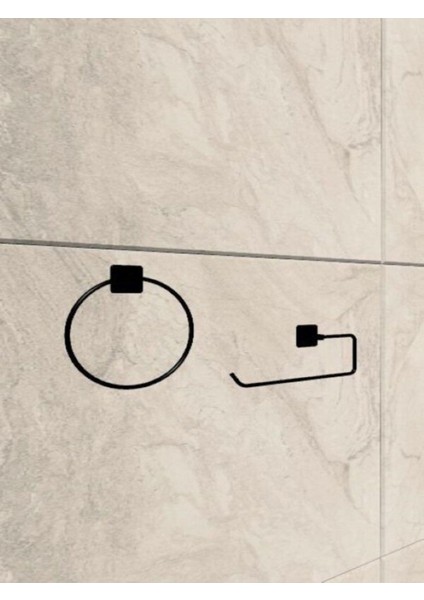 Siyah Yapışkanlı Kare Havluluk ve Solo Havluluk Seti Banyo Seti