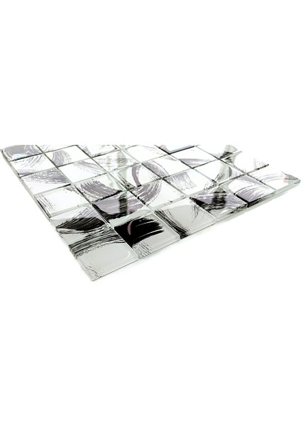 Mutfak Tezgah Arası, Havuz, Banyo, Havuz, Sauna, Spa ve Tüm Ortam ve Yüzeyler Için, 48X48X6 mm. Beyaz Siyah Fırça Desenli, 30X30 cm. Fileli Kristal Cam Mozaik. ( 1 M2 Fiyatıdır ) fiyatları
