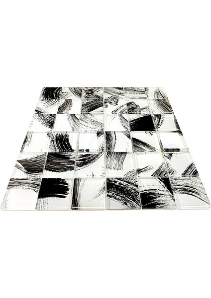 Mutfak Tezgah Arası, Havuz, Banyo, Havuz, Sauna, Spa ve Tüm Ortam ve Yüzeyler Için, 48X48X6 mm. Beyaz Siyah Fırça Desenli, 30X30 cm. Fileli Kristal Cam Mozaik. ( 1 M2 Fiyatıdır ) modelleri