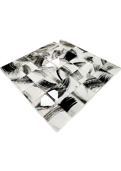Mutfak Tezgah Arası, Havuz, Banyo, Havuz, Sauna, Spa ve Tüm Ortam ve Yüzeyler Için, 48X48X6 mm. Beyaz Siyah Fırça Desenli, 30X30 cm. Fileli Kristal Cam Mozaik. ( 1 M2 Fiyatıdır ) fırsatları