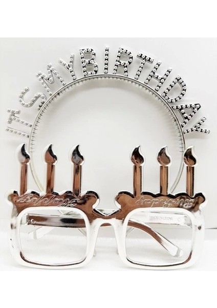 My Birthday Yazılı Taç ve Mum Şekilli Gözlük Seti Gümüş Renk