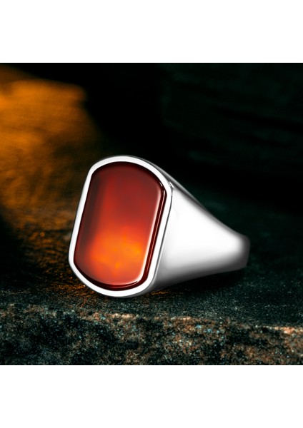 925 Ayar Gümüş Modern Kırmızı Akik Taşlı Erkek Yüzük