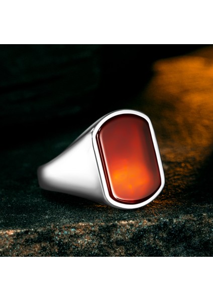 925 Ayar Gümüş Modern Kırmızı Akik Taşlı Erkek Yüzük fiyatları