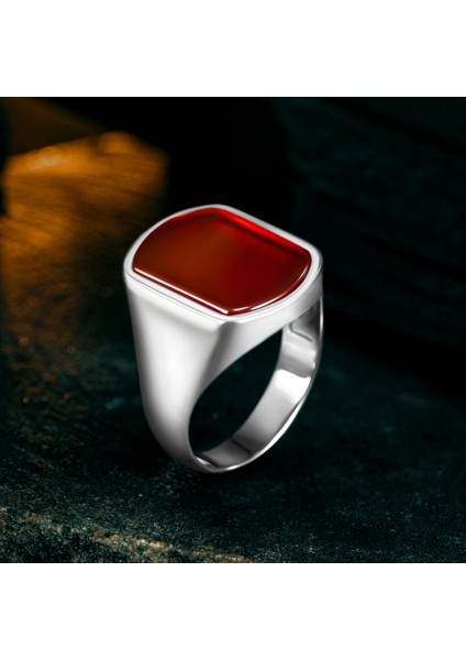 925 Ayar Gümüş Modern Kırmızı Akik Taşlı Erkek Yüzük fırsatları