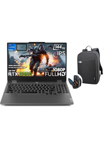 Loq 15IRX9 Intel Core I7 13650HX 32GB 512GB SSD Rtx 3050 6gb (95W) 15.6" Fhd 144Hz IPS Panel Windows 11 Pro Taşınabilir Bilgisayar 83DV011ATR H46 + B210 Siyah Çanta