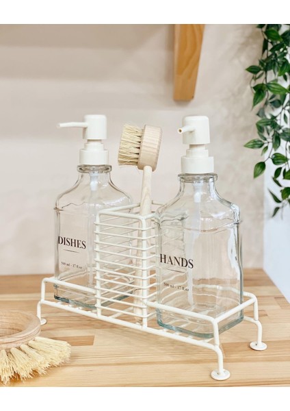 Standlı Cam Sıvı Sabunluk Seti – Çiftli 500 ml Dispenser + Demir Süngerlik – Şık ve Dayanıklı Tasarım Mutfak Sabunluk
