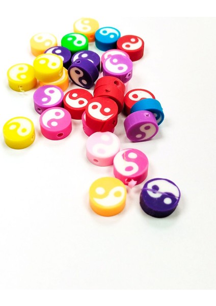 90 Adet 10 mm Polimer Kil Fimo Boncuk Takı Bileklik + 5 Metre Misina Hediye - Yin Yang - Karışık - Limon