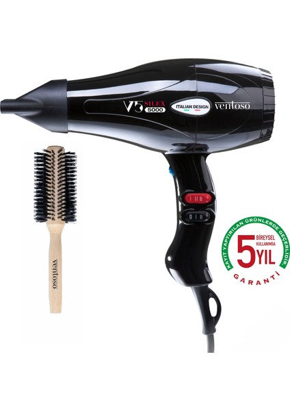 V5 SILEX5000 2500 W Profesyonel Fön Makinesi Siyah Ahşap Fön Fırçalı