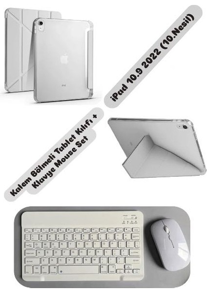 iPad 10.9 2022 10.Nesil Uyumlu Klavye Mouse Set + Kalem Bölmeli Standi Tablet Kılıfı
