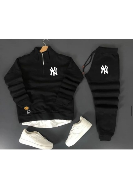 El-Si Kışlık Gri Renk Ceket Ny Baskılı Kapüşonlu Ceket Unısex Eşofman Takımı