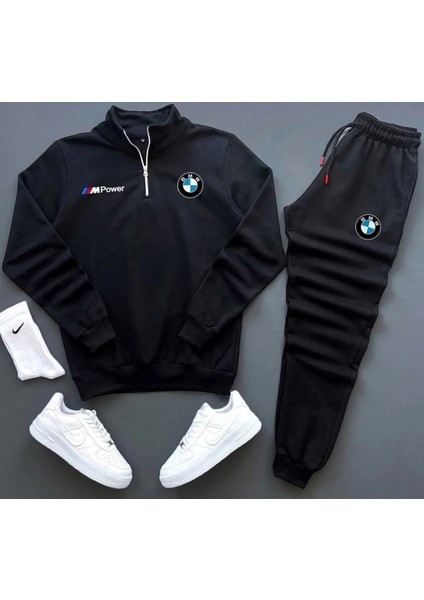 Unisex Bmw Baskılı Yarım Fermuarlı Sweatshirt Eşofman Altı Takım Bmw Baskılı
