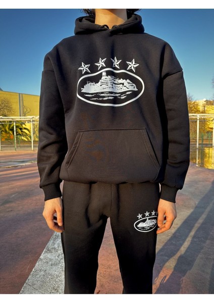 Corteiz Yıldız Baskılı Unisex Hoodie Siyah Takım Sokak Giyim Tarzı