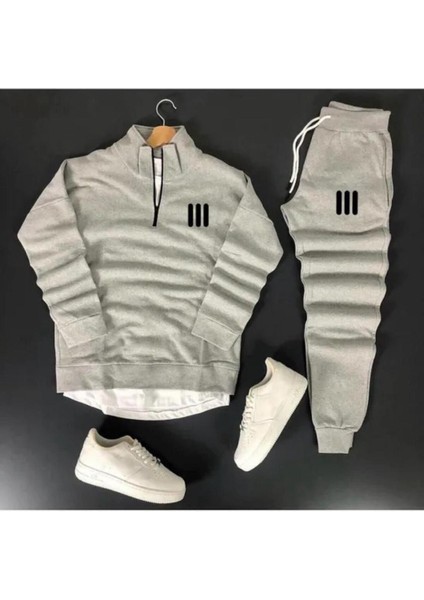 Unisex Üç Çizgi Baskılı Yarım Fermuarlı Sweatshirt-Eşofman Altı Set Kombin