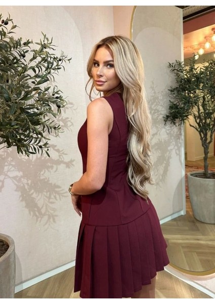 Kadın Yılbaşı Özel Bisiklet Yaka Kolsuz Eteği Pileli Mini Elbise fiyatları