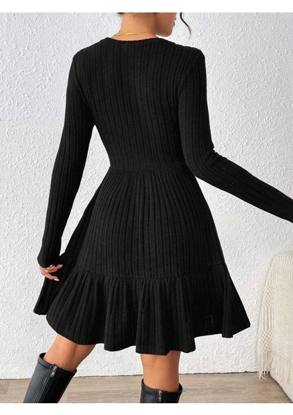 Kadın Uzun Kollu Bisiklet Yaka Kemersiz Eteği Pileli Şardonlu Kaşkorse Elbise fiyatları