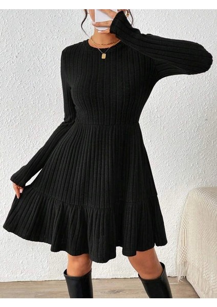 Kadın Uzun Kollu Bisiklet Yaka Kemersiz Eteği Pileli Şardonlu Kaşkorse Elbise modelleri