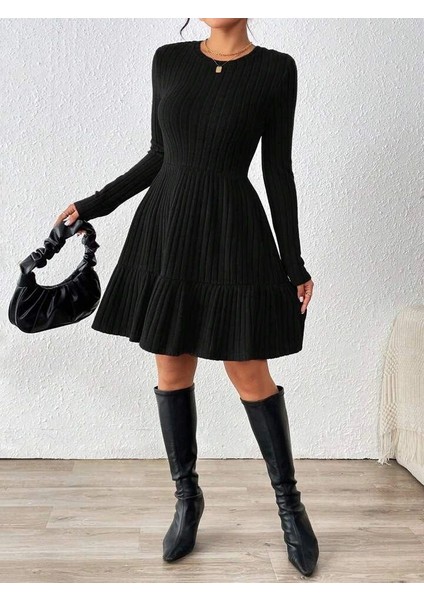 Kadın Uzun Kollu Bisiklet Yaka Kemersiz Eteği Pileli Şardonlu Kaşkorse Elbise fırsatları