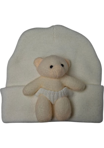 Çocuk Krem Renk Ayıcık Figürlü Kışlık Örme Bere