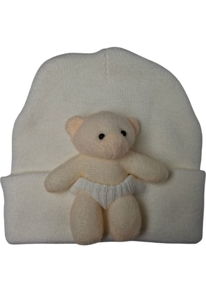 Çocuk Krem Renk Ayıcık Figürlü Kışlık Örme Bere modelleri