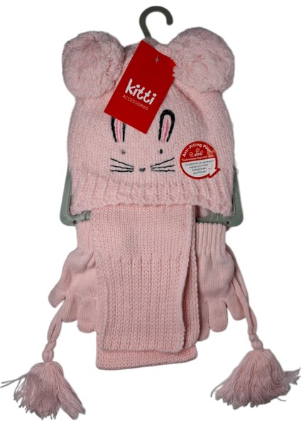 Kitti 1-4 Yaş Kız Çocuk Gülpembe Renk 3'lü Takım Atkı, Bere, Eldiven Örme Set