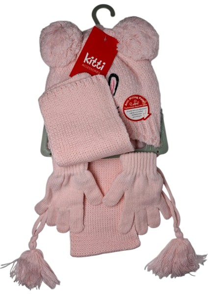 Kitti 1-4 Yaş Kız Çocuk Gülpembe Renk 3'lü Takım Atkı, Bere, Eldiven Örme Set