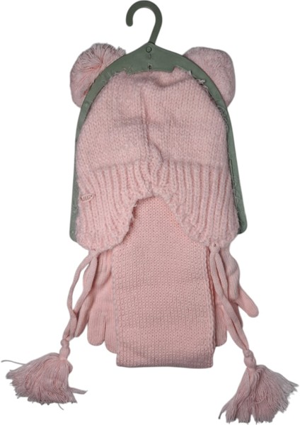 Kitti 1-4 Yaş Kız Çocuk Gülpembe Renk 3'lü Takım Atkı, Bere, Eldiven Örme Set