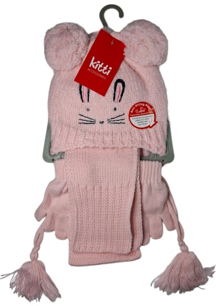 Kitti 1-4 Yaş Kız Çocuk Gülpembe Renk 3'lü Takım Atkı, Bere, Eldiven Örme Set