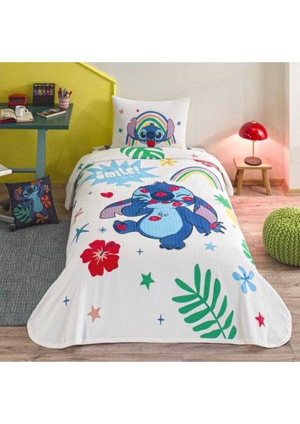 Taç Lisanslı Disney Stitch Tek Kişilik Pamuk Pike Takımı