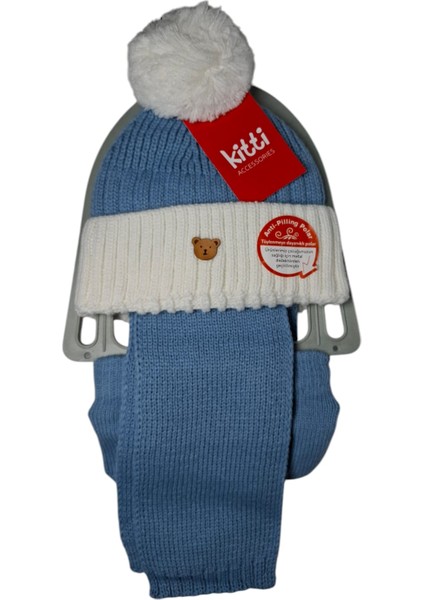 Kitti 0-18 Aylık Erkek Çocuk Açık Mavi Renk 3'lü Takım Atkı, Bere, Eldiven Örme Set