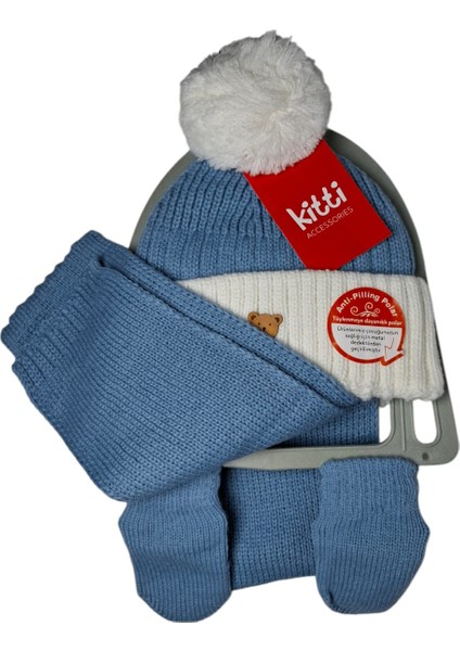 Kitti 0-18 Aylık Erkek Çocuk Açık Mavi Renk 3'lü Takım Atkı, Bere, Eldiven Örme Set
