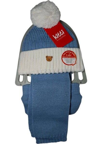 Kitti 0-18 Aylık Erkek Çocuk Açık Mavi Renk 3'lü Takım Atkı, Bere, Eldiven Örme Set