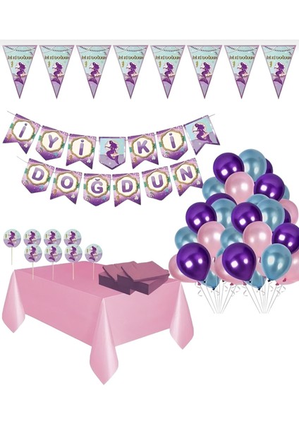 Deniz Kızı Tema Doğum Gunu Süsleme Seti (8 Peçete 8 Kürdan 10 Balon 1 Flama 1 Banner 1 Masa Örtüsü)