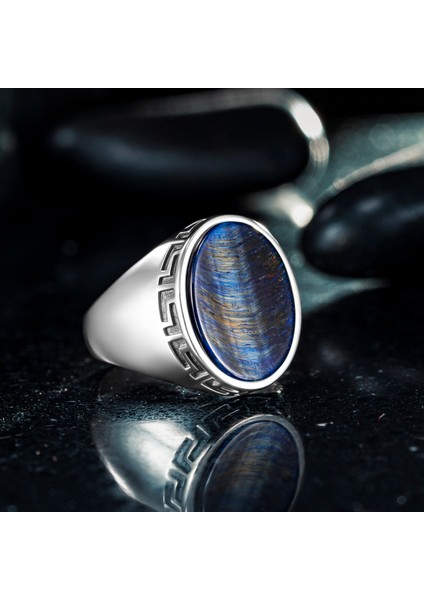 925 Ayar Gümüş Greek Desenli Oval Mavi Lapis Lazuli Taşlı Erkek Yüzük