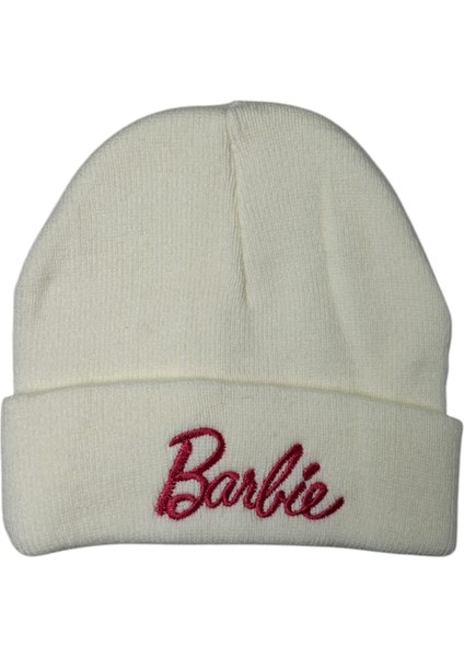 Kız Çocuk Beyaz Renk Barbie Figürlü Örme Kışlık Bere