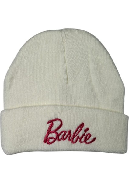 Kız Çocuk Beyaz Renk Barbie Figürlü Örme Kışlık Bere modelleri