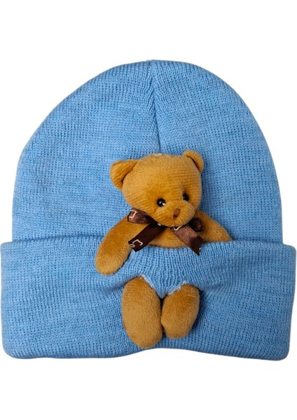 Çocuk Mavi Renk Ayıcık Figürlü Kışlık Örme Bere